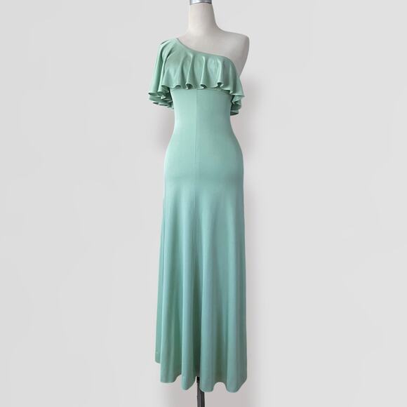 Vtg 70s Maxi Dress 10 Mint Green One Shoulder Ruffle Fairy Goddess Prom Gown - Picture 7 of 10